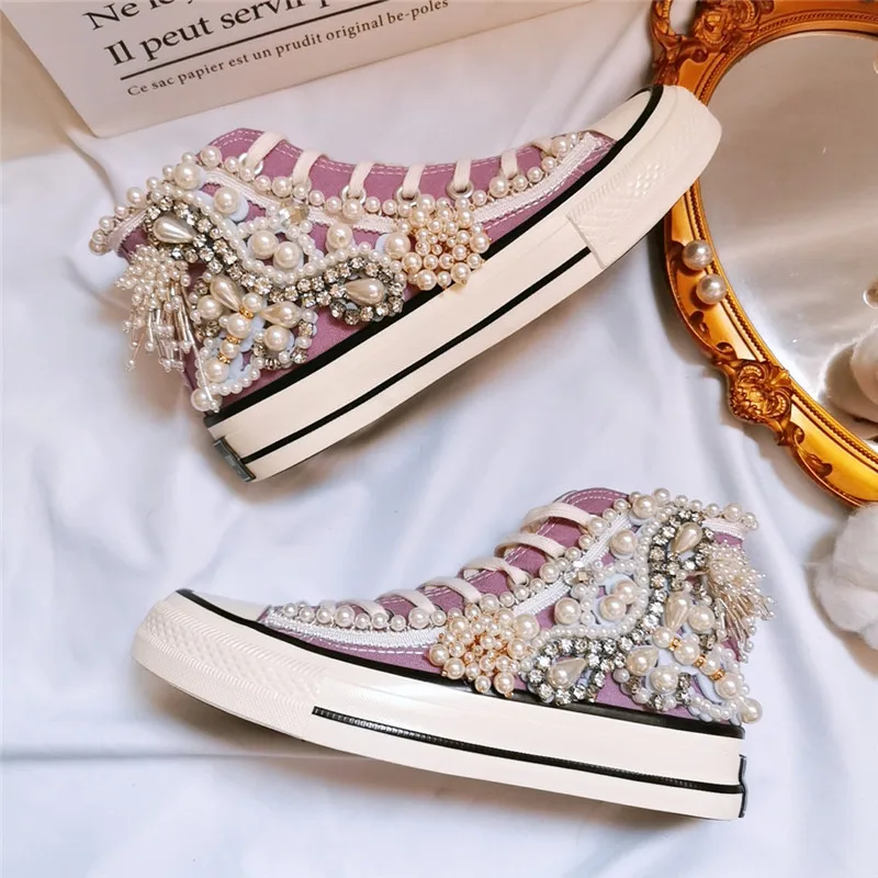 Women\'s shoes new spring and autumn shoes 3D Handmade Pearl Canvas shoes women\'s casual shoes Purple