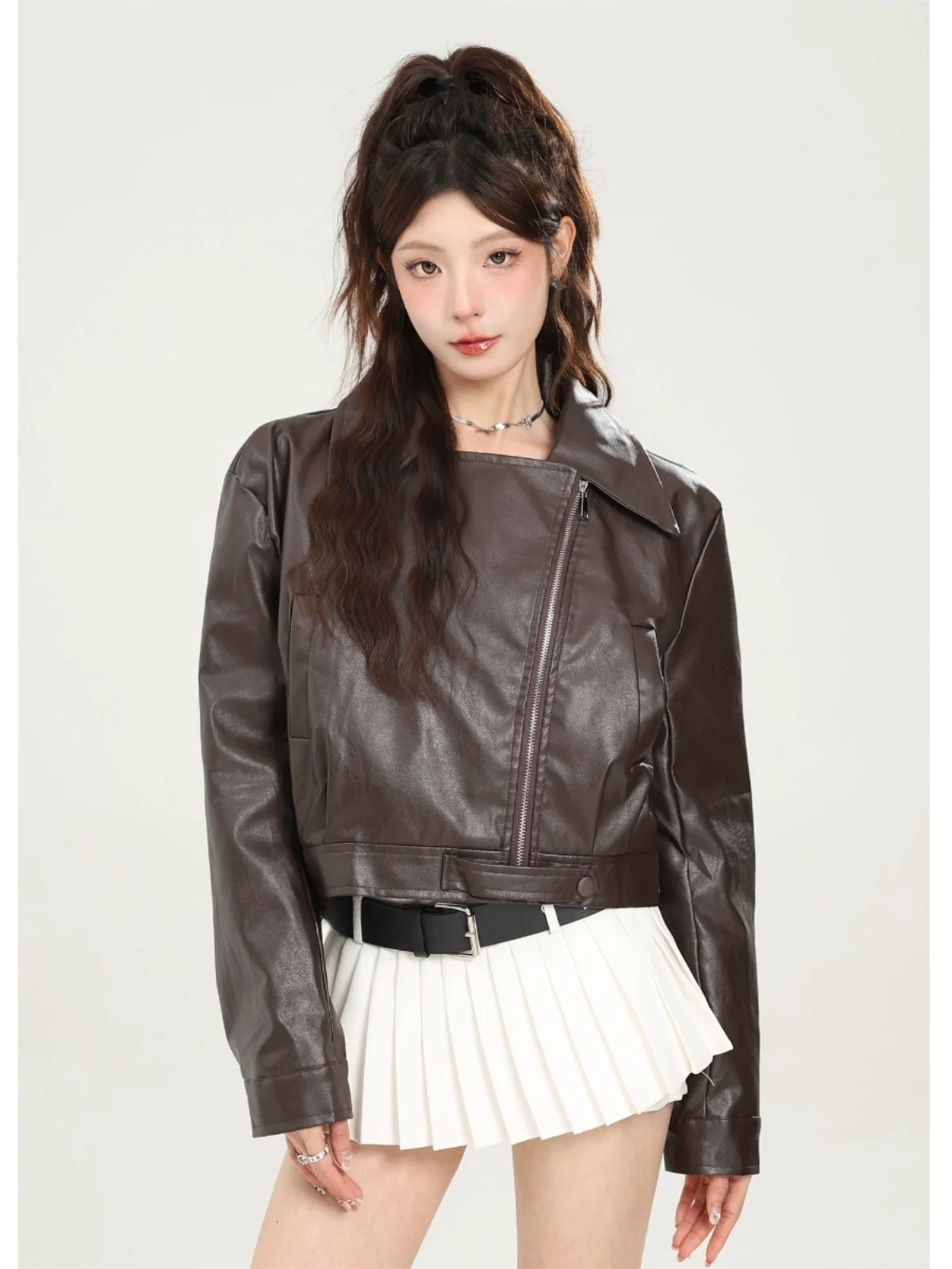 American Sle ort PU Leather Jaet Women's Autumn Winter Flip Collar Coat Small Size Faionable Biker Top for Youths