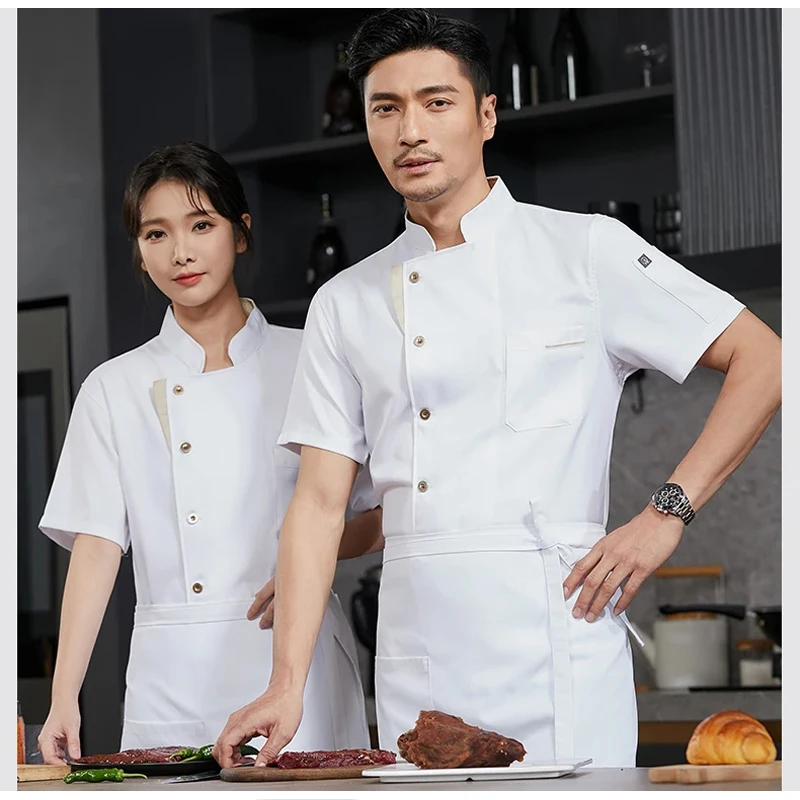 Zomer koksjas restaurant keuken chef-kok werkuniform ober shirt food service kookjas kapper catering bakkerij overall