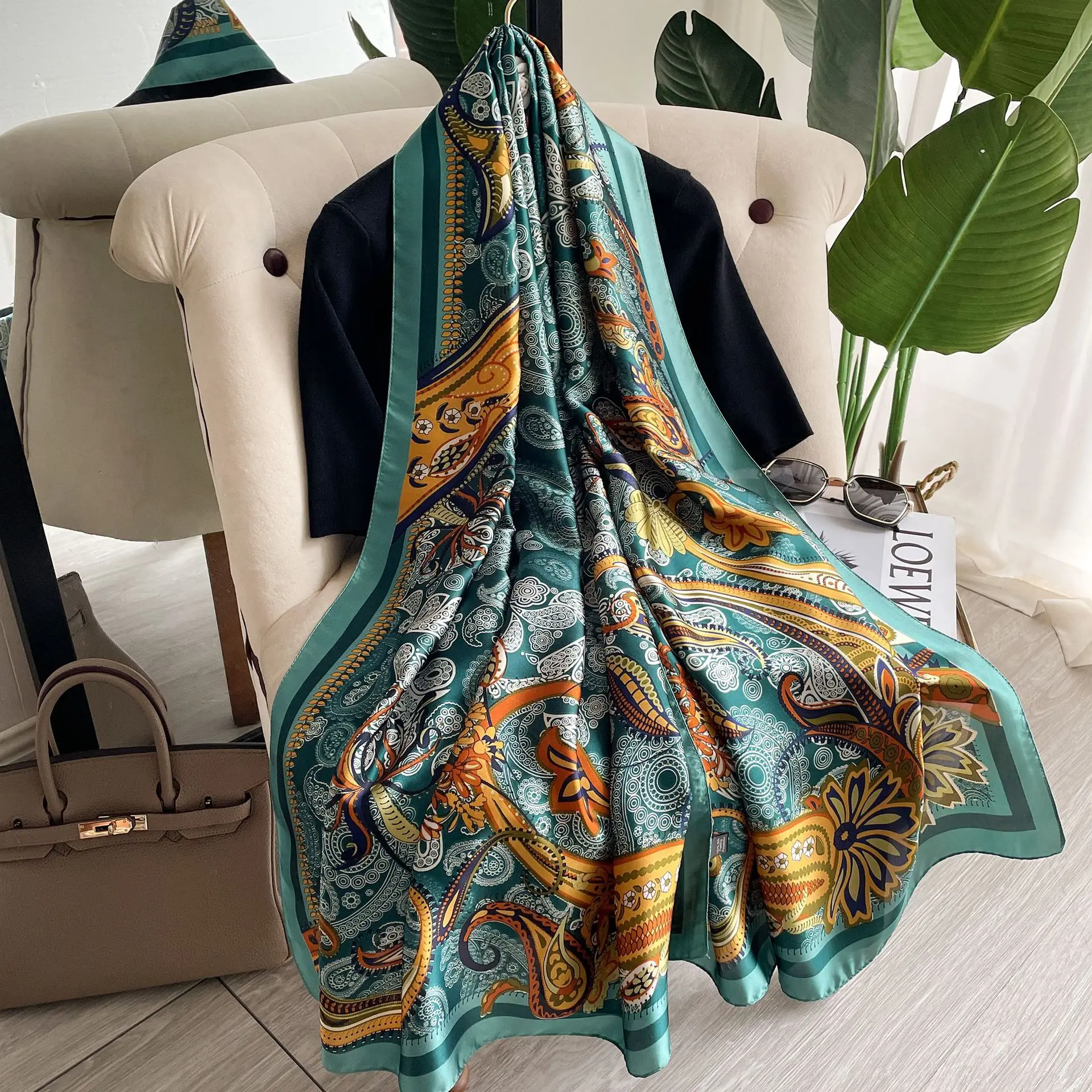 2023 Autumn Winter New 180*90cm Silk Scarf Women Putdoor Windprrof Large Size Shawl Beach Long Soft Printed Scarf for Lady Hijab