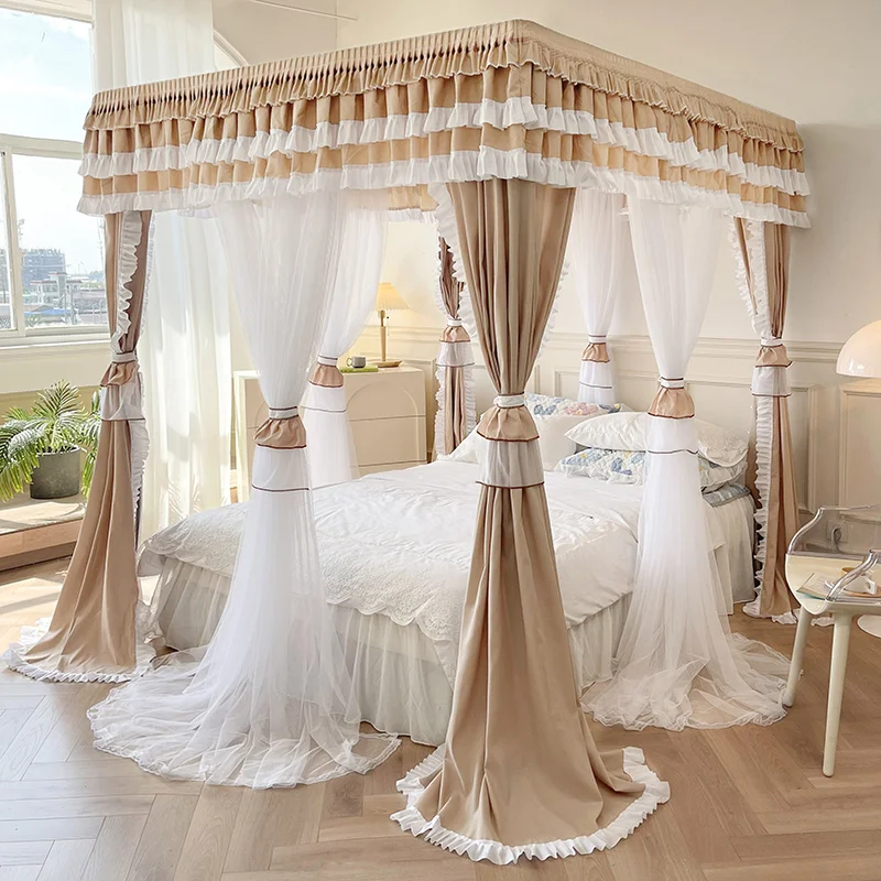 Khaki Double-layer Lace Mosquito Net (No bracket) Detachable Three Door Double Layered Blackout Household Luxury Bed Curtain