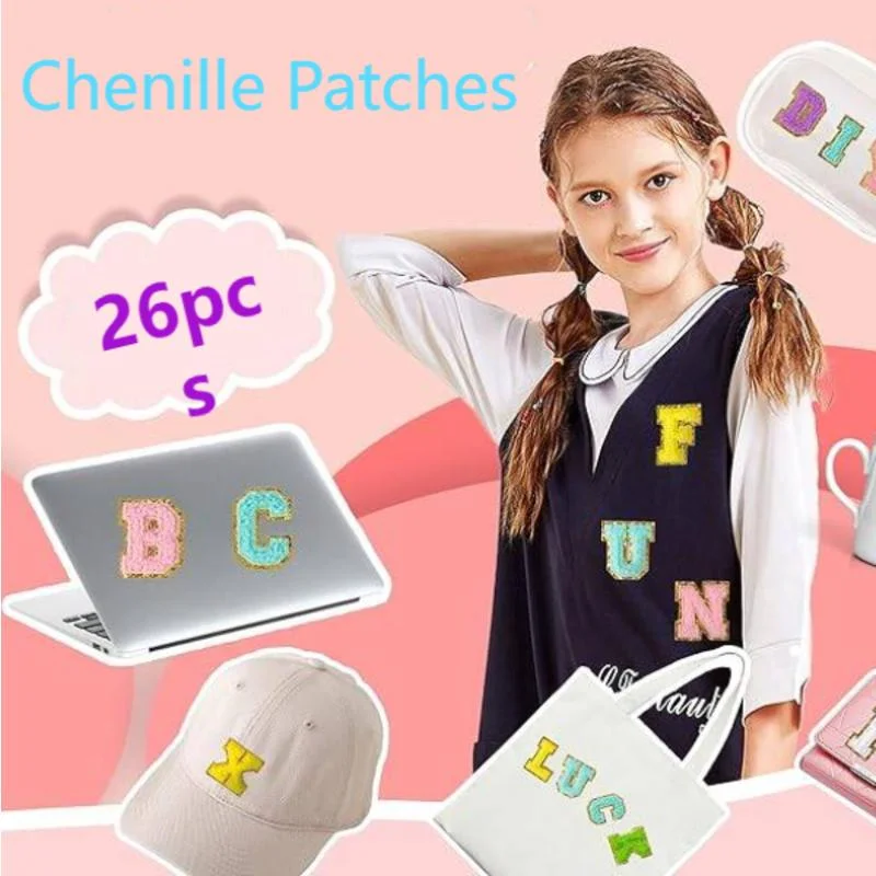 26pcs Chenille Letter Patches Gold Glitter A-Z Alphabet Iron on Sewing Applique Patches for Clothing Shirts Jeans Bag Hat Name