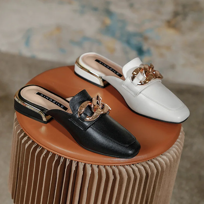 

2023 New Genuine Leather Pumps Open Toe Sandals with Chunky Heels for Women, Fashion Mules Shoes, Versatile Square Toe Slides