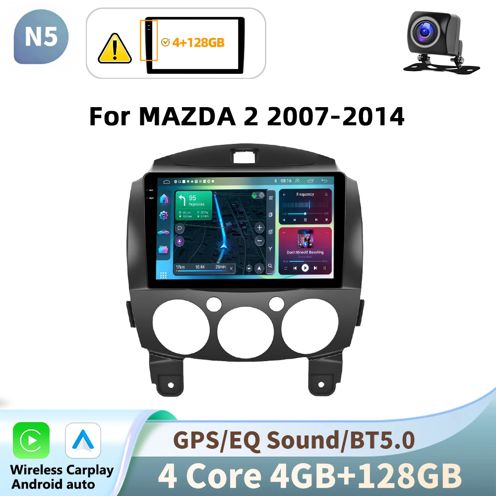 Podofo Android voor MAZDA 2 2007-2014, autoradio multimediaspeler met draadloze CarPlay en Android Auto, 2-din, geen DVD-speler.