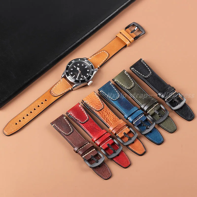 Retro Stitching Cowhide Watch Strap 18mm 20mm 22mm Genuine Leather Watchband for Rolex for Seiko Bracelet SmartWatches Wristbelt