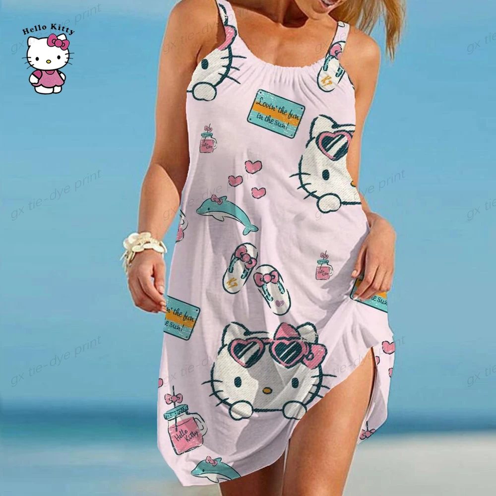 Elegant Dress for Women Sexy Hello Kitty Women\'s Dress Sling Summer Woman Beach Boho Loose Print Hello Kitty Fashion Girl