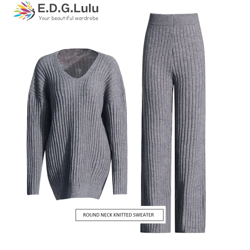 

EDGLuLu Loose Knitted 2piece Sets Women Korean V-Neck Sweater Pullover +High Waisted Straight Leg Knitted Pants Gray Set 0823