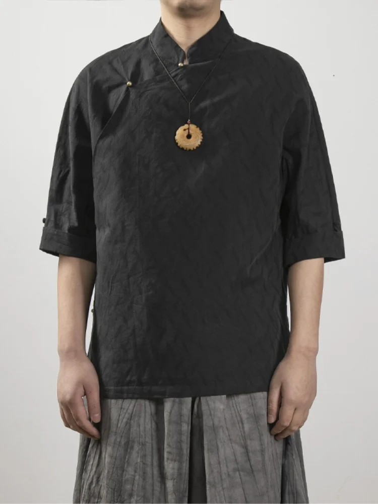 

New Chinese Sle ort Sve Men's irt with Button Loose Fit Breathable Summer Cotton Traditional Tang Costume Hanfu