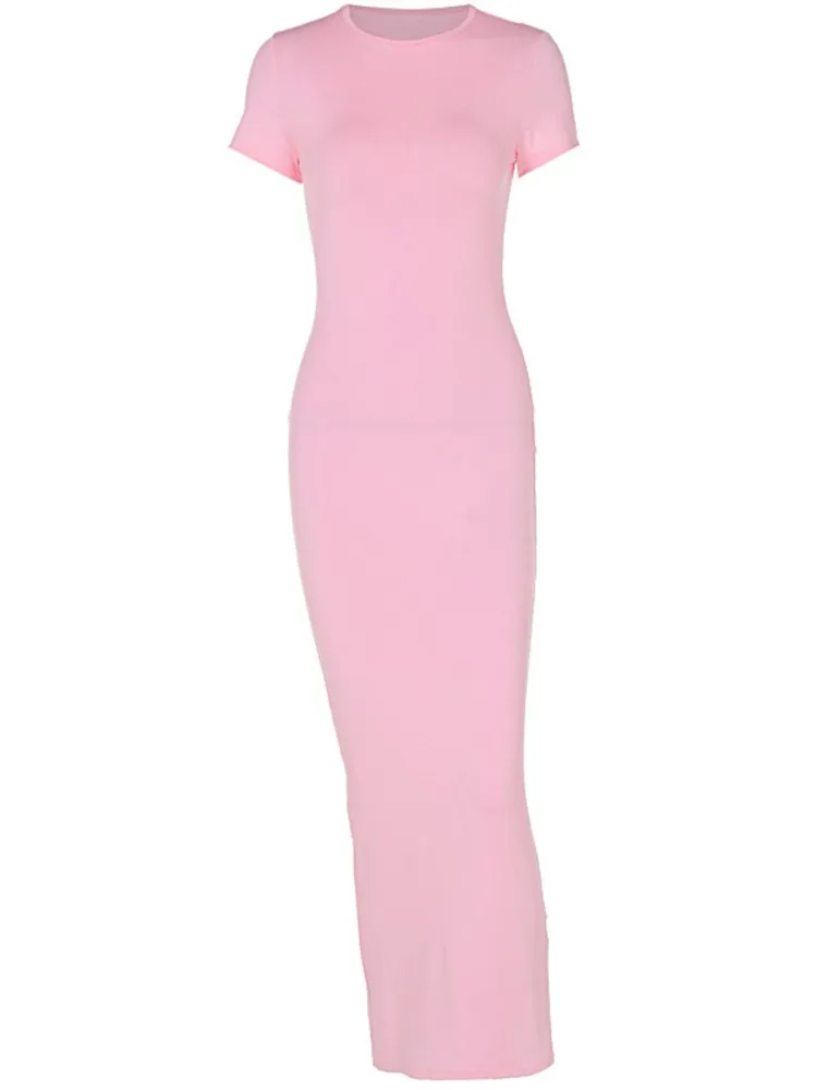 bodycon maxi dress short EARO European And American Twist Knot Split Hem Solid Color Maxi Dress, Short Sleeve Bodycon Long Dress, Spring/Autumn New Arrival, American Vacation Style, Casual Comfortable Stretchy Fitted Elegant Slim A-Line Dress Summer |