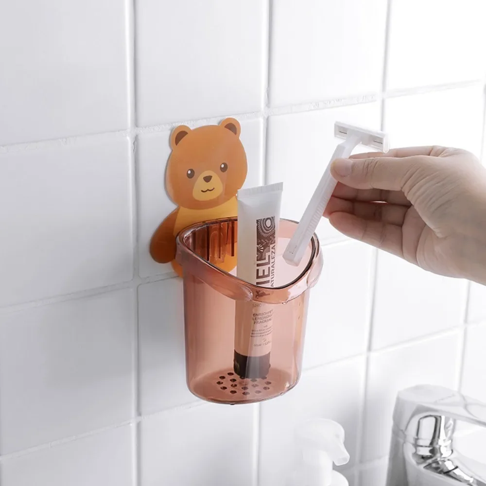 Shake Sound Popular Cute Toilet Bear Toothbrush Rack Wall Mounted Non Marking Sticker for Children