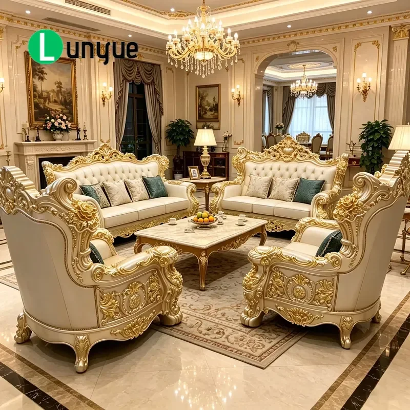 Custom Luxury European Gold Carving Solid Wood Classic Leather Sofa Set For Living Room Furniture High End Home Decor