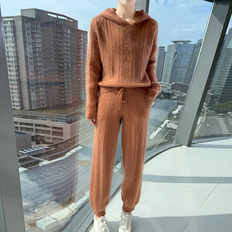 100% Pure Mink Cashmere Hooded Sweater Feet Pants Suit Women's Loose Jacquard Pullovers Fashion Elastic Waist Leggings Warm Suit