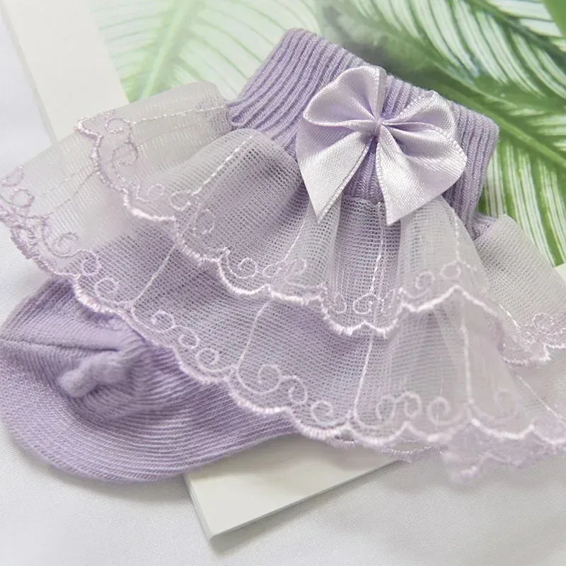 

Весенне-осенние детские носки с двойным кружевом и рюшами, хлопковые дышащие носки с бантиками для новорожденных, малышей и девочек