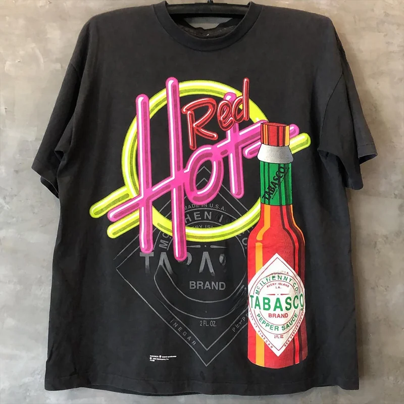 Oversize Neon Light Jam Texture Men's T-shirt Loose Short Sleeve Cotton Hip Hop Style Street Fashion Youthful Creative Print