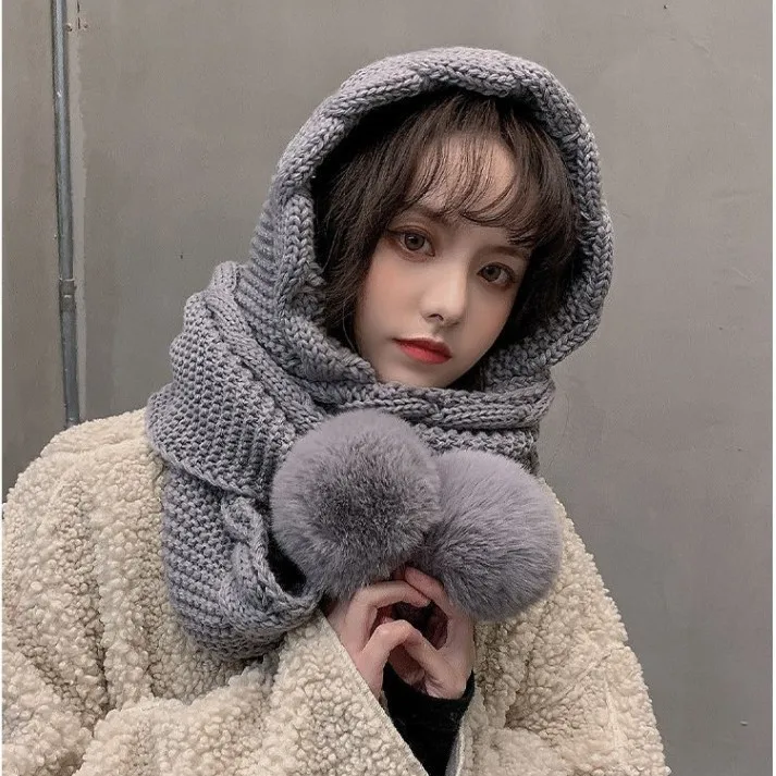 Women's Knitted Hat - Autumn/Winter Versatile Scarf-Integrated Hat with Adorable Pom-Pom Ear-Covering Thickened Warm Knit Hat