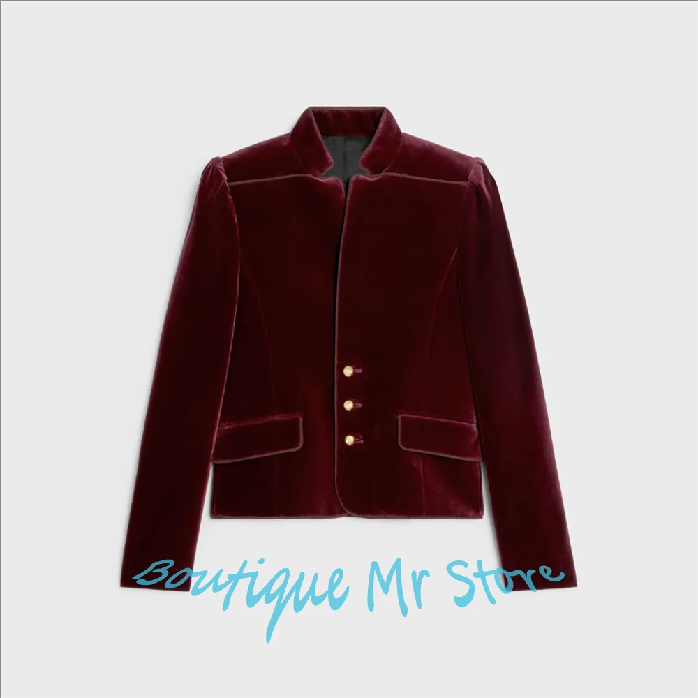 Elegant Burgundy Velvet Women's Jacket Single Breasted Notch Lapel Blazer Luxe Casual One Piece Set Office Lady Outerwears