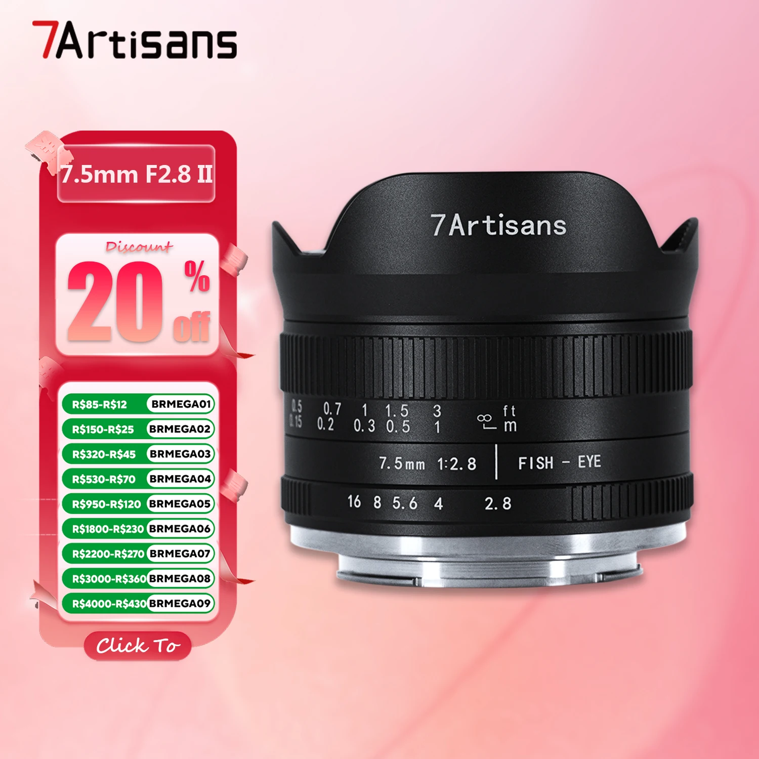 Lente de Câmera Fisheye Ultra Grande Angular 7artisans APS-C 7.5mm F2.8 II para Fotografia com Montagem Sony E, Fujifilm XF, Canon RF e M43