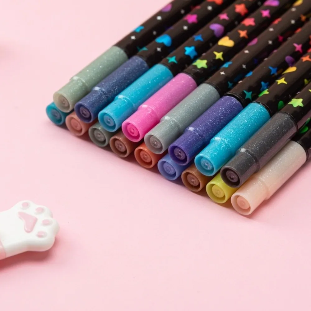 24Colors Double-Headed Glitter Pens Colorful Fast-Drying Ink Dual-Tip Fine Brush Pens Water-Based Drawing Pen Rock Painting