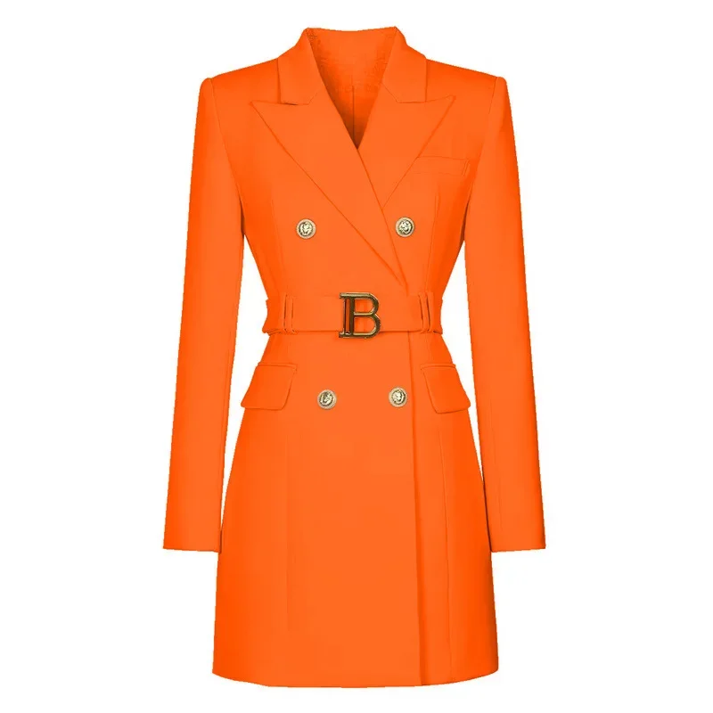 المرأة طويلة الأكمام أزرار سترة مزدوجة المرأة 2025 جديد مكتب سيدة مصمم الصدر مربوط السترة فستان ربيع الخريف