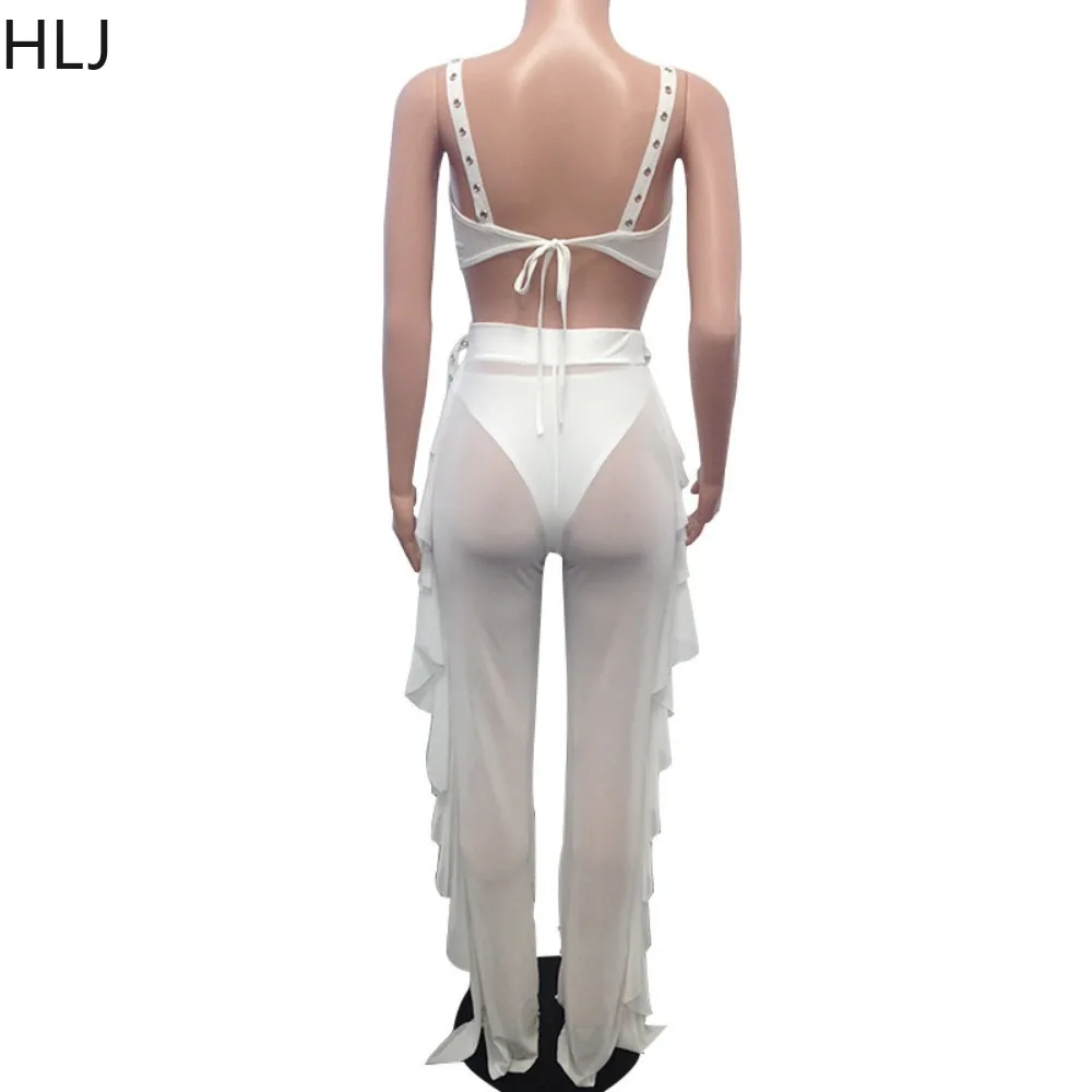 HLJ Sexy Mesh Perspective Ruffle Pants Nightclub Two Piece Sets Women Bra + Pants Outfits Fashion Bead Hollow 2pcs Clothing 2023