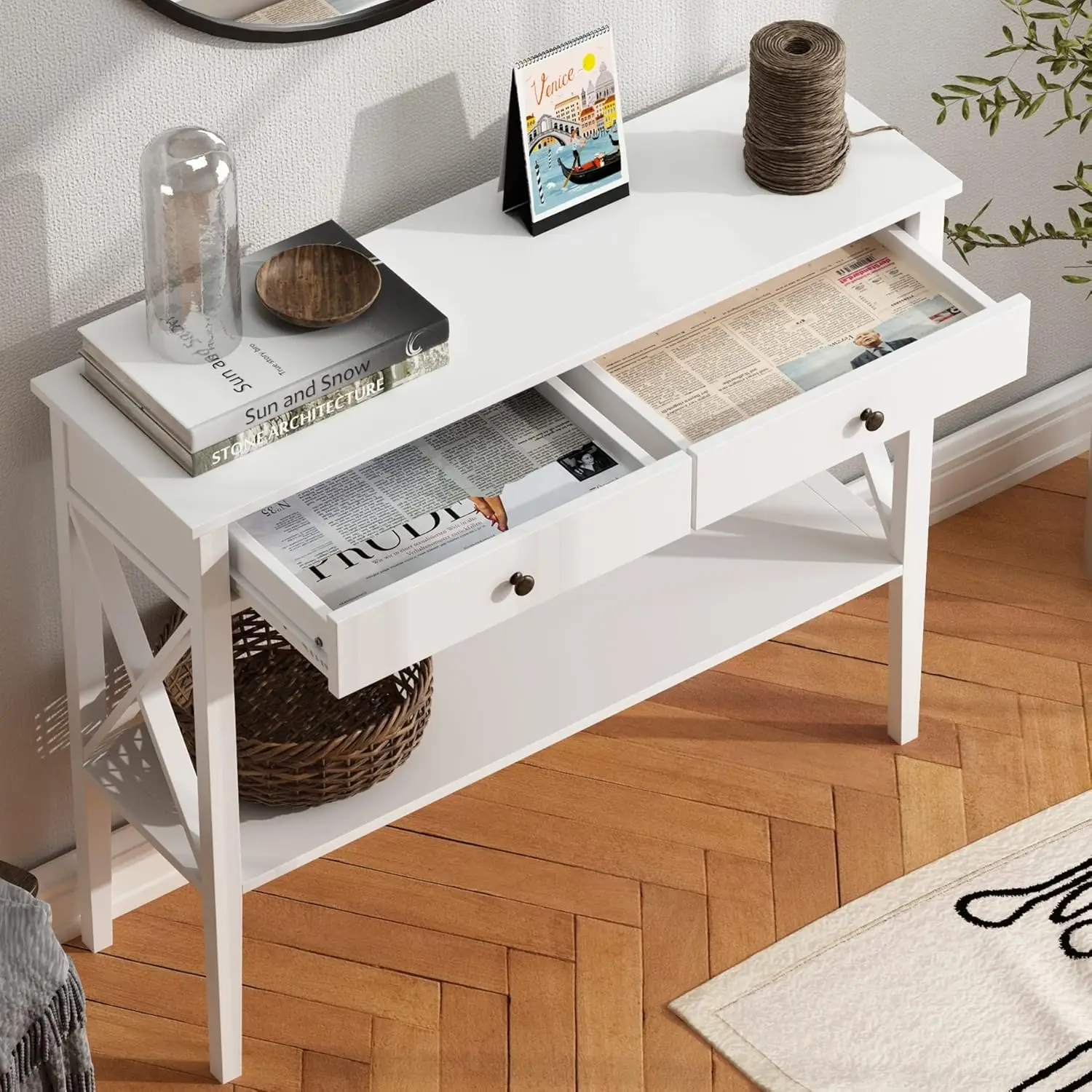 Console Table with Drawers, Narrow Wood Accent Sofa Table Entryway Table with Storage Shelf for Entryway, Front Hall