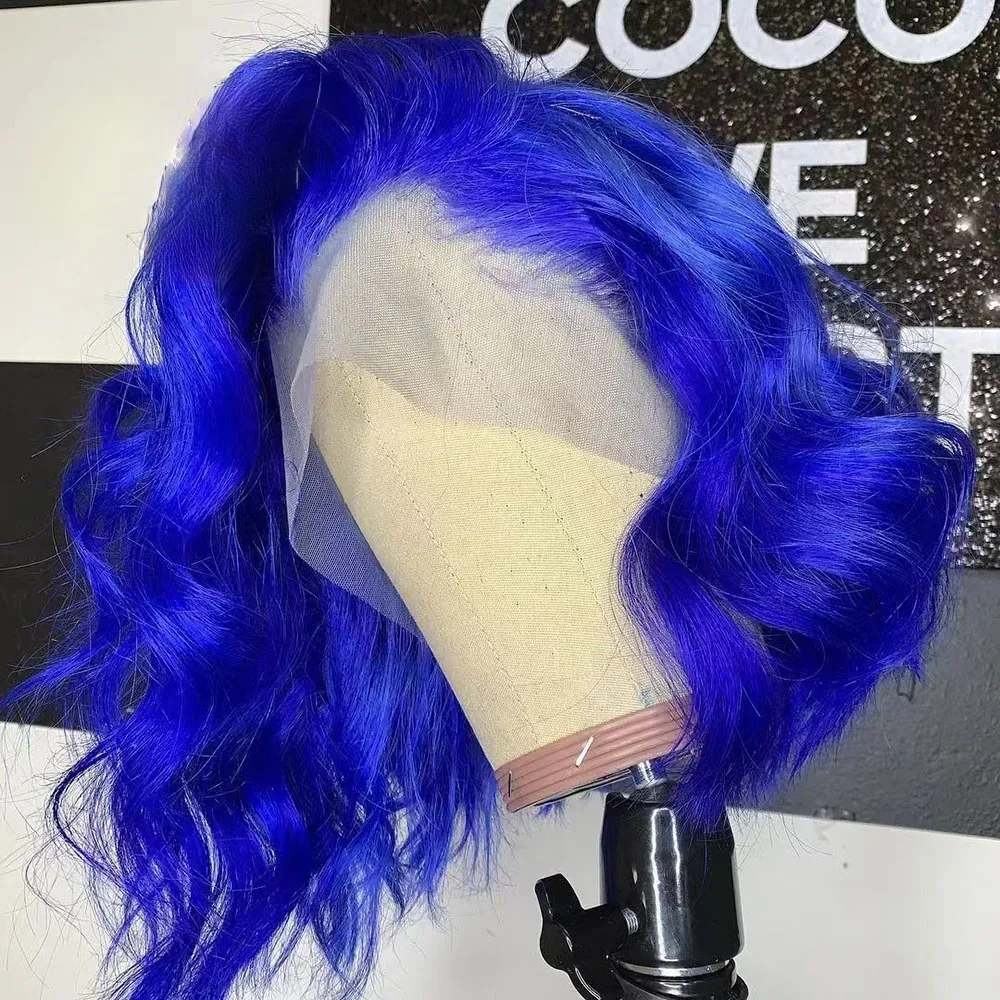 블루/블론드/블랙 가발 숏 보브 레이스 프론트 가발 바디 웨이브 레이스 프론탈 가발 13x4 HD 투명 글루리스 합성 일상 코스프레용