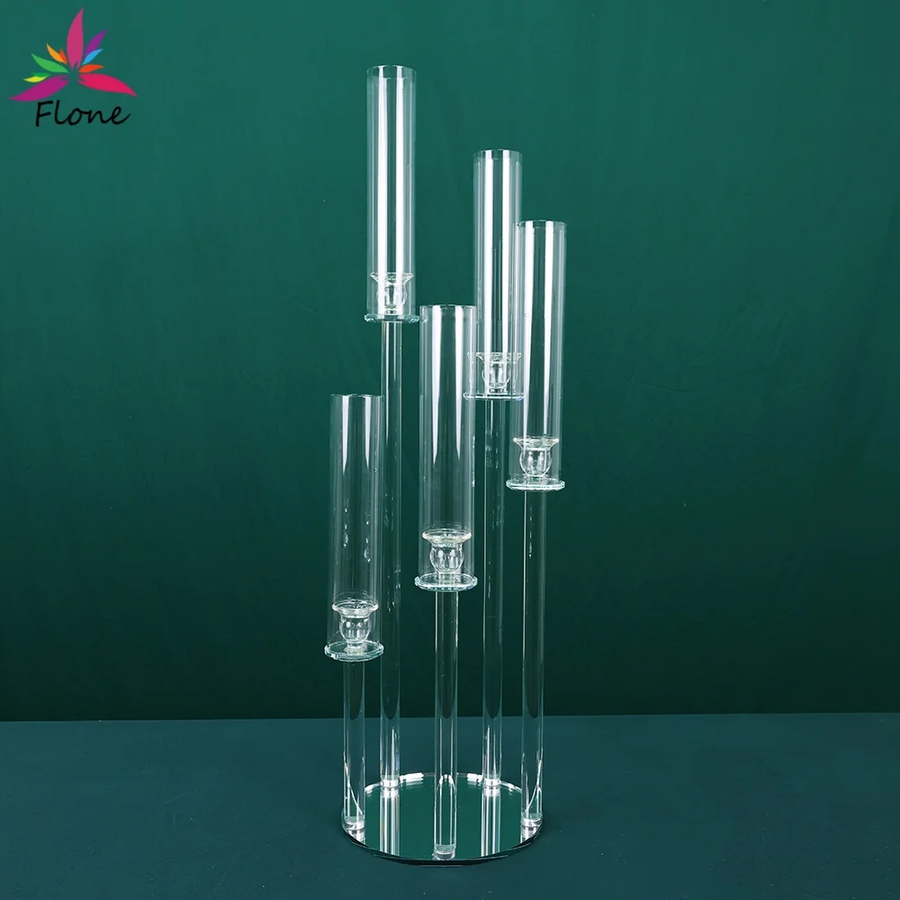 H36In 5-Arm Transparent Crystal Candlestick with Glass Tube Shades Compatible with Real Candles for Wedding Living Room Decor