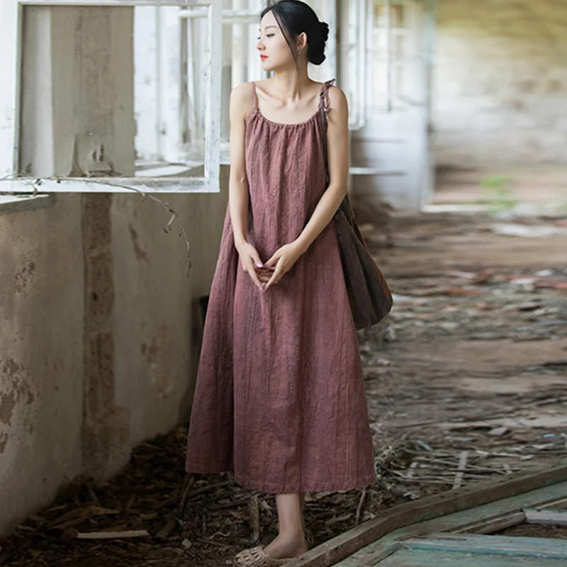 Sleeveless Dress Long-Length Literature and Art Retro Spring Summer  Cotton and Linen Loose Thin National Style