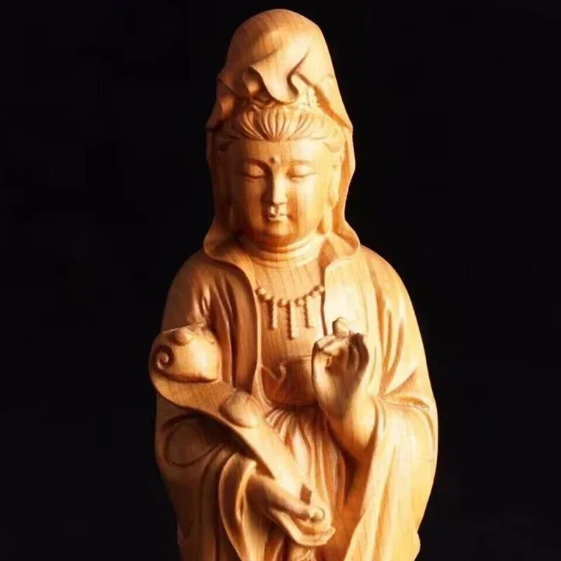 wood carving Ruyi Guanyin buddha statues China Buddha Feng Shui decorative characters Living room, office Room decoration