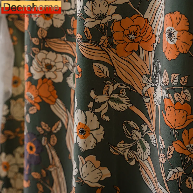 Pastoral Oil Painting Retro Printed Flannelette Lace Patched Curtains for Living Room Bedroom French Window Balcony Window