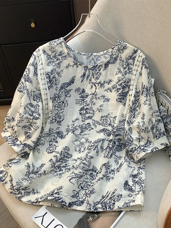 

Loose Lantern Sve T-irt Women's Large Size Printed Artistic round Ne Lace Splicing Casual Comfortable Summer Top