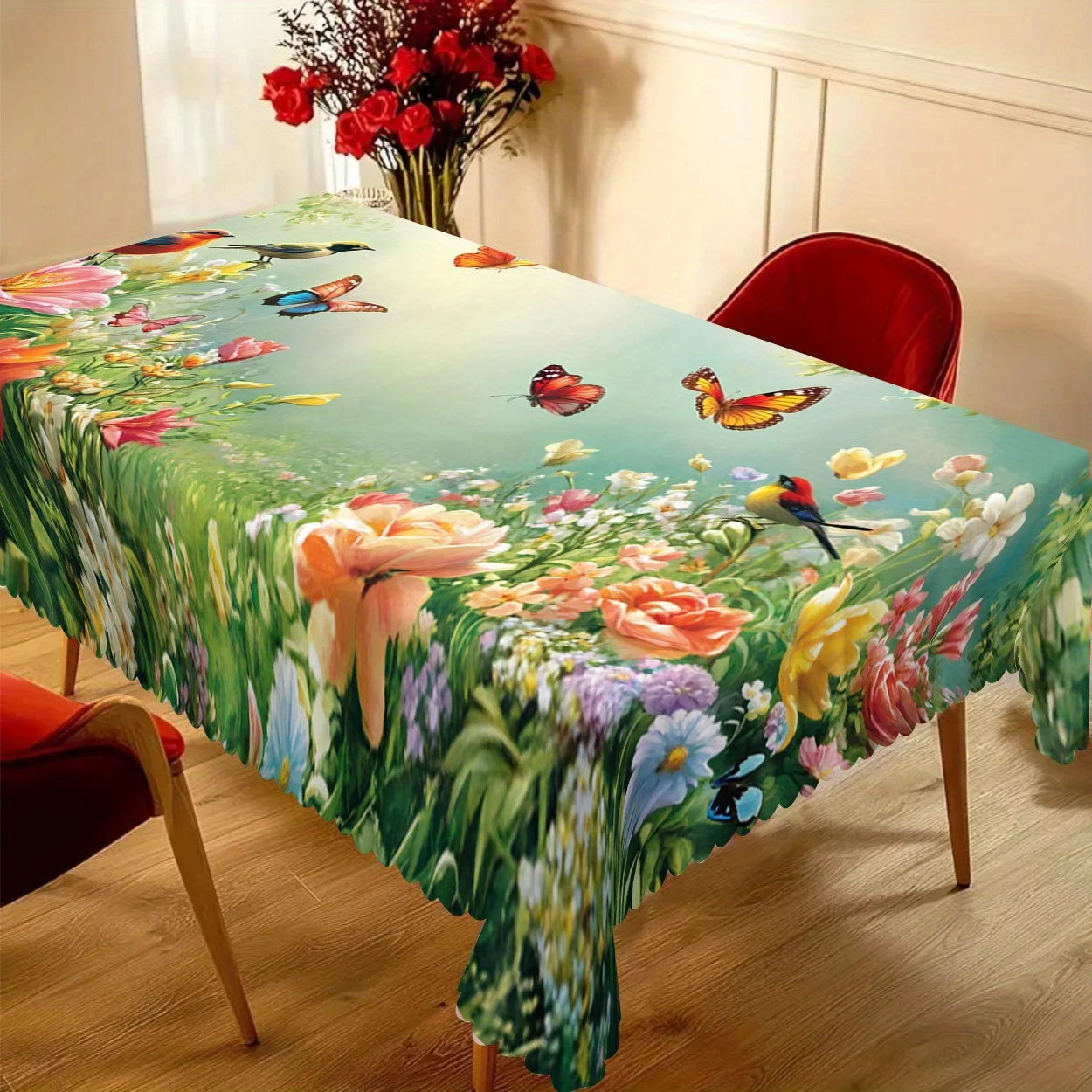 Watercolor Floral Birds Butterfly Print Tablecloth for Table Decor Elegant Blooming Flowers Table Cloth Wedding Party Decoration