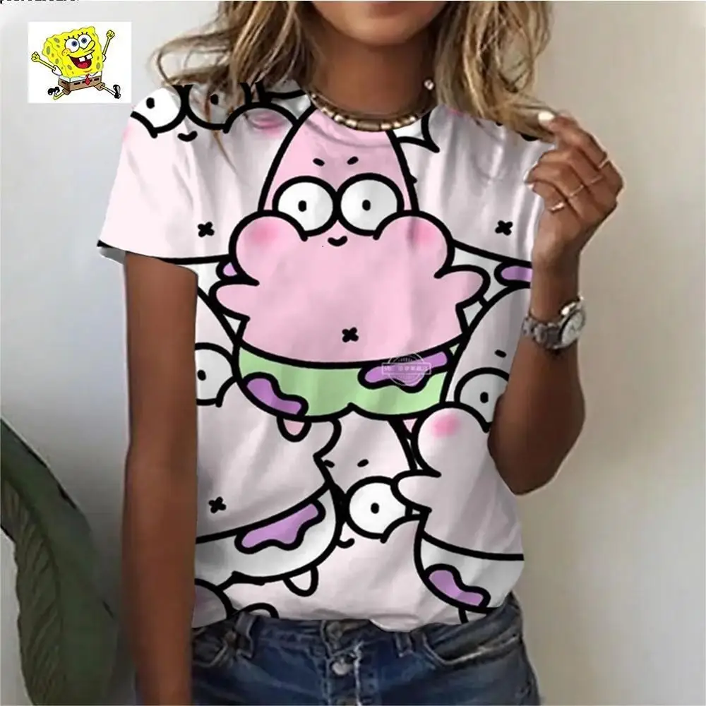 Summer fashion street trend retro boutique women\'s short-sleeved round neck T-shirt 3D printed Disney Spongebob cute T-shirt