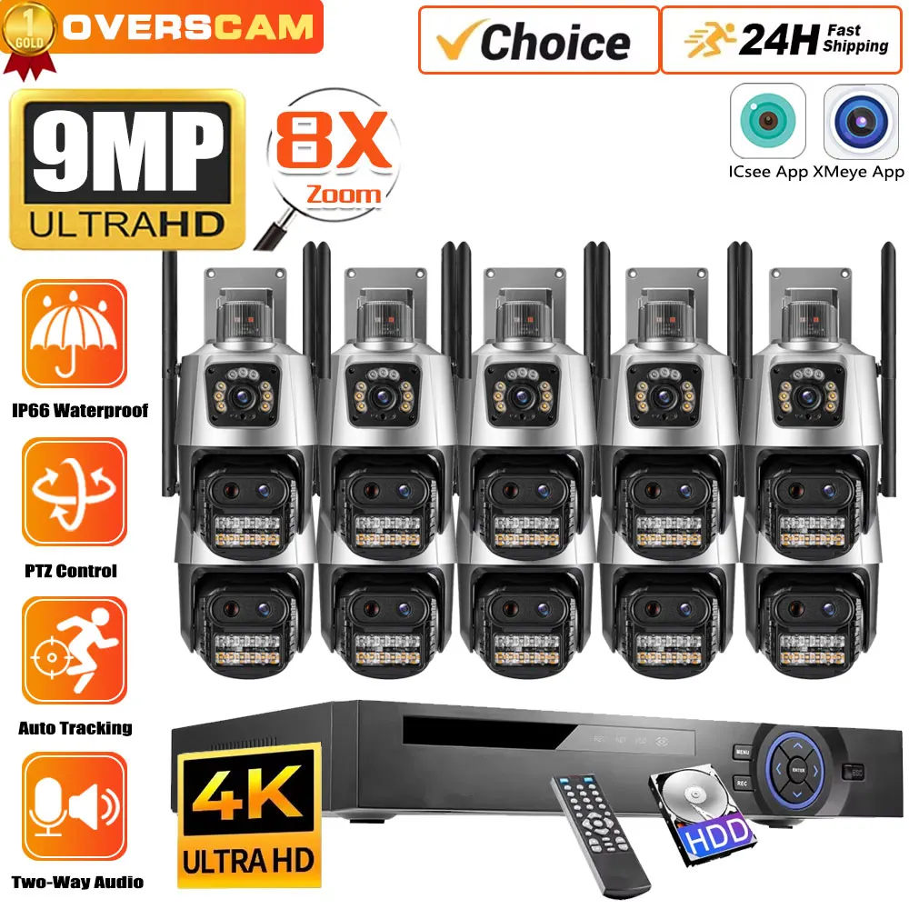 9MP 5K Outdoor Three Lens Auto Tracking 8X Digital PTZ Zoom Wifi PTZ IP Camera10CH 4K POE NVR Fixed-Point Linkage Camera System