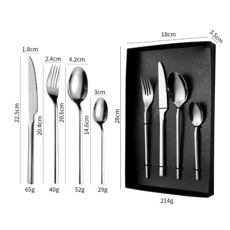 

Simple square handle stainless steel tableware steak knife fork coffee mixing spoon high aesthetic value home gift set sturdy