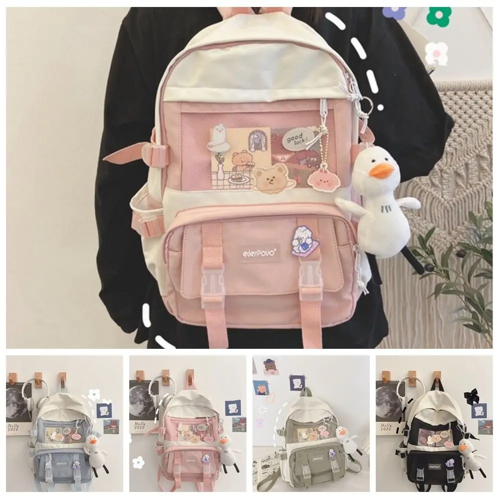 Waterproof Nylon Canvas Schoolbag College Style Harajuku Large Capacity Backpack Korean Style with Pendant School Bag Girl