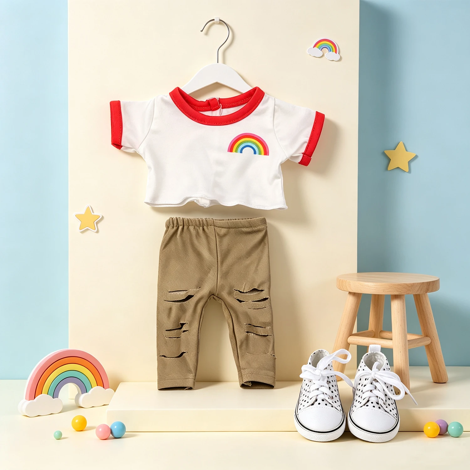 Conjunto de Ropa para Muñecas: Camiseta con Contraste Arcoíris, Pantalones Rotos, Zapatillas de Lona con Puntos, Accesorios para Muñecas American Girl y OG de 18 Pulgadas