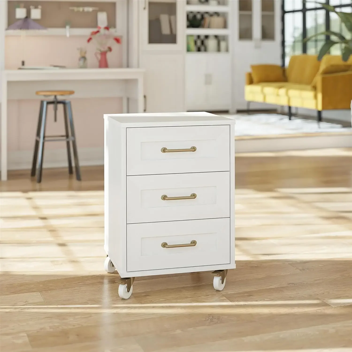 Tess 3-Drawer Rolling Cart with Locking Casters Modular Storage Options Ivory Oak