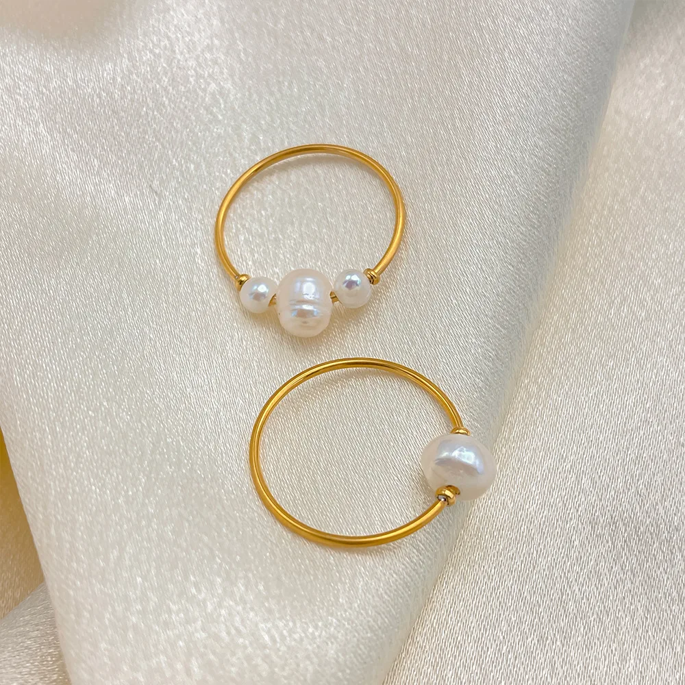Minimalistische Imitationsperlen-Ringe für Frauen 18K Vergoldeter Edelstahl Perlen-Fingerring Stapelbarer Eleganter Party-Schmuck – Detail 7
