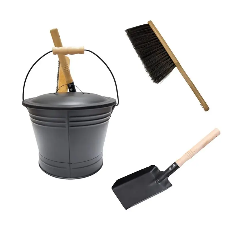

HHO-Ash Bucket With Lid,Shovel, Charcoal Bucket For Fireplace, Metal Ash Can With Lid, Broom Included