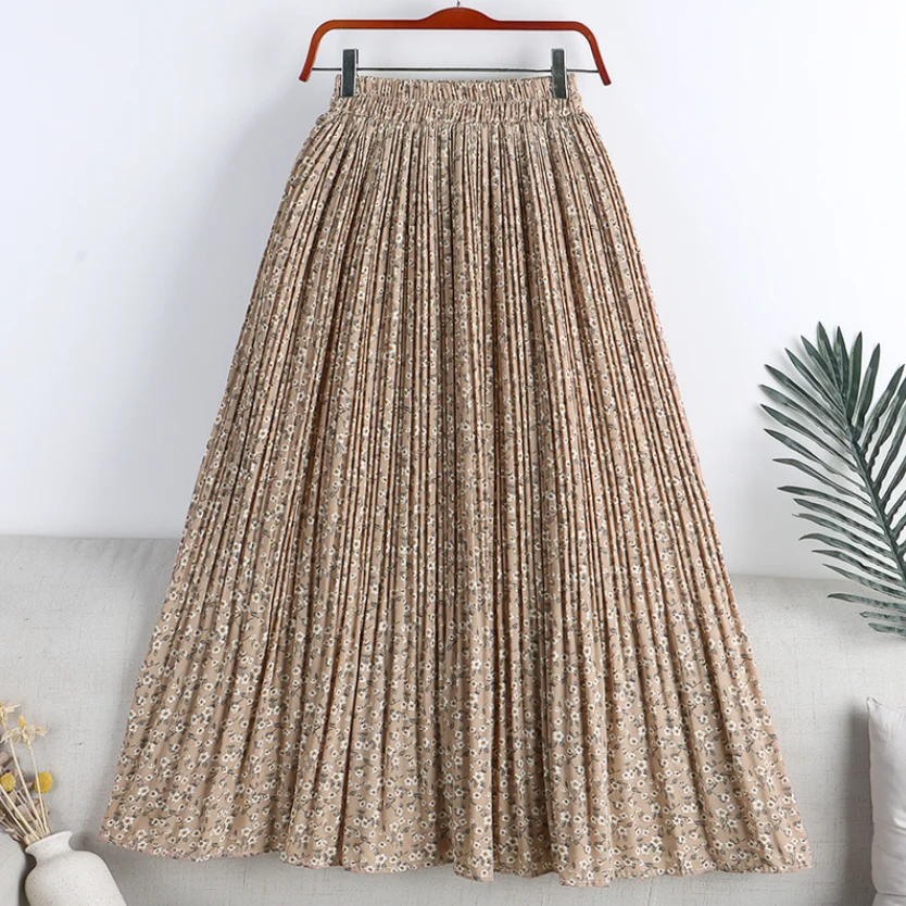 

Summer Skirts Womens New Vintage Floral Print Chiffon Pleated Skirt Elastic High Waist Casual Midi Skirt Women Clothes Jupe
