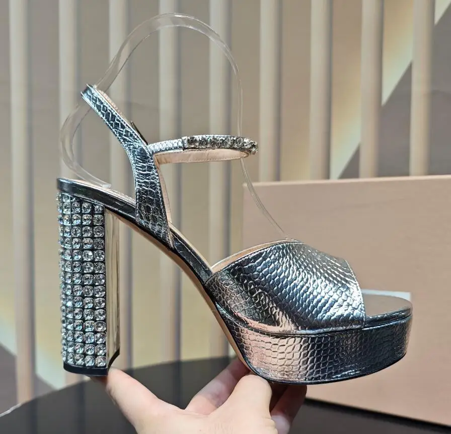 Snake Skin Leather Lady High Heel Platform Summer Sandal Shoes Ankle Strap Open Toe Bling Bling Crystal Squared Heel Party Shoe