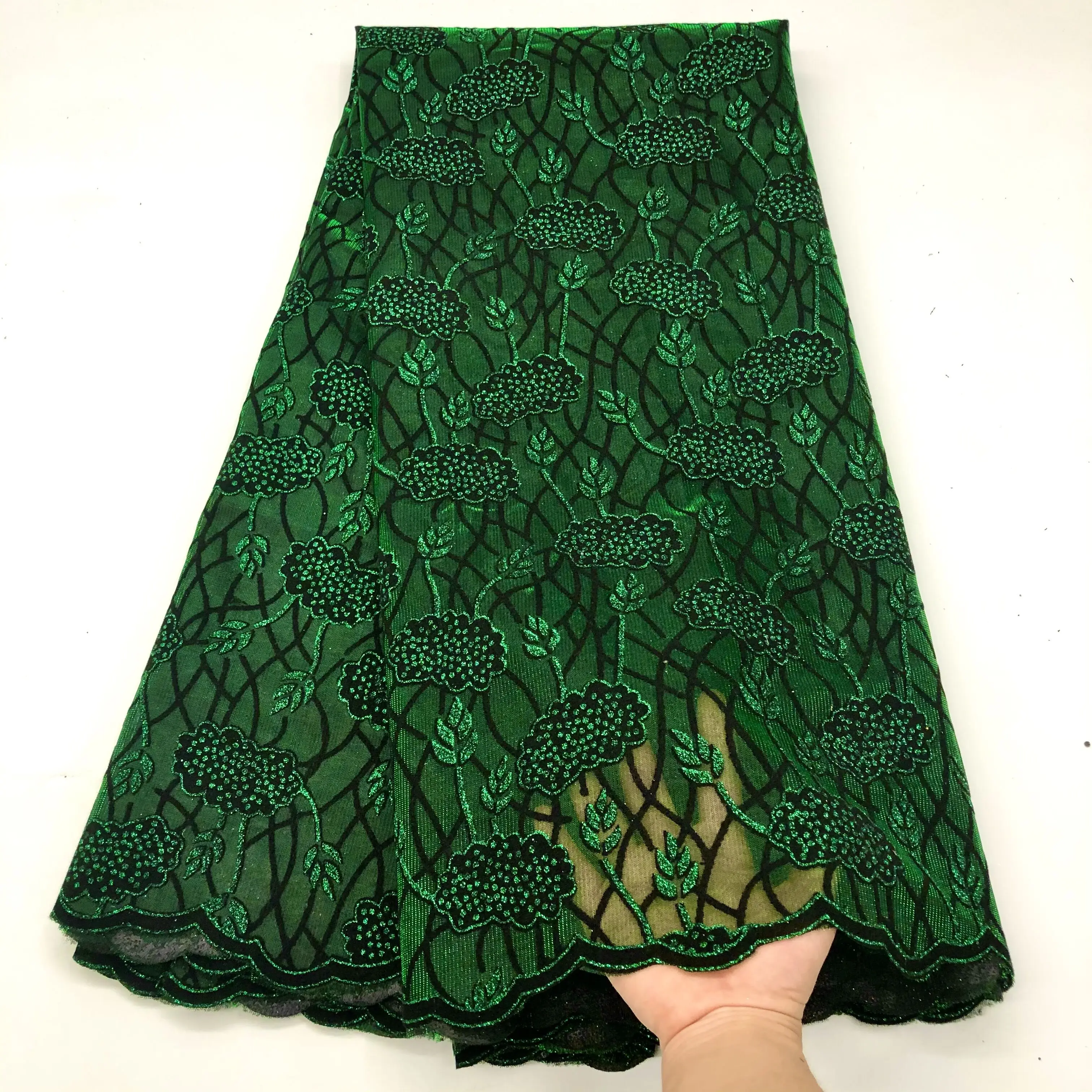 Fashion Nigerian Glitter Lace Fabric 5 Yards High Quality velvet Embroidery African Lace Fabrics For Party  Wedding