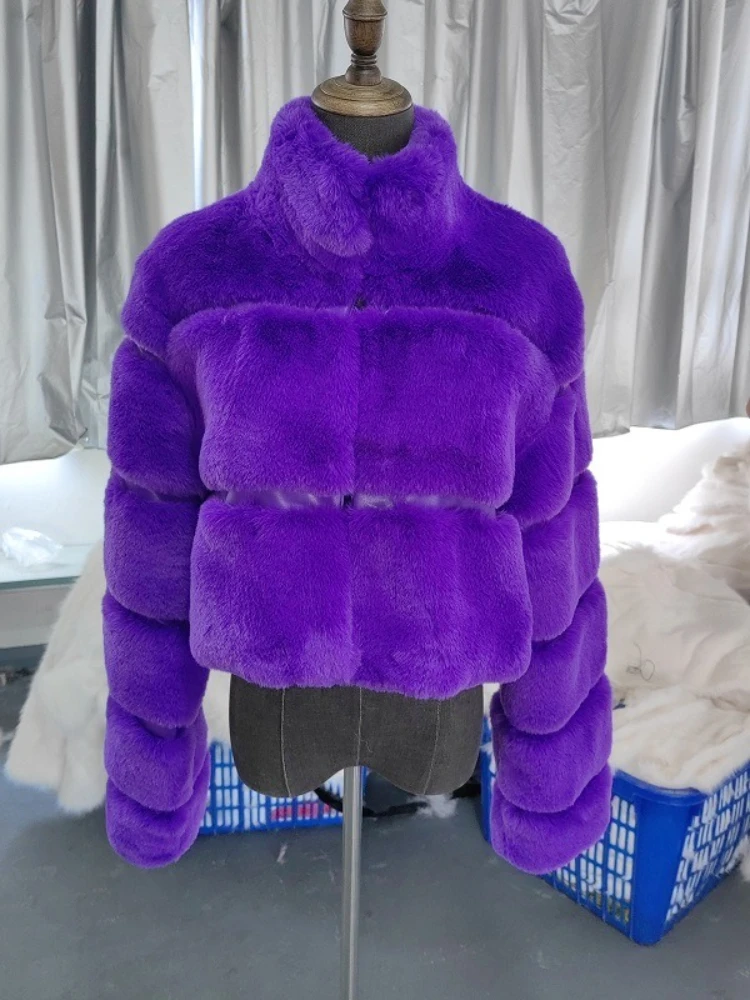 Krótka kurtka ze sztucznego futra królika, patchworkowa kurtka pluszowa ze sztucznej skóry, jednolita stójka, damskie futrzane kurtki zimowe z długimi rękawami, puszyste topy.