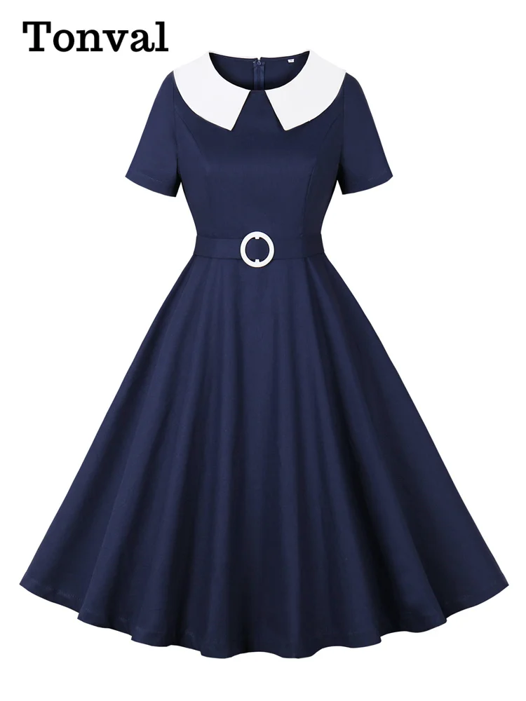 Tonval Peter Pan Collar Short Sleeve Elegant Formal Cotton Dresses Fall 2023 Vintage Fashion Women Clothing 50s Rockabilly Dress