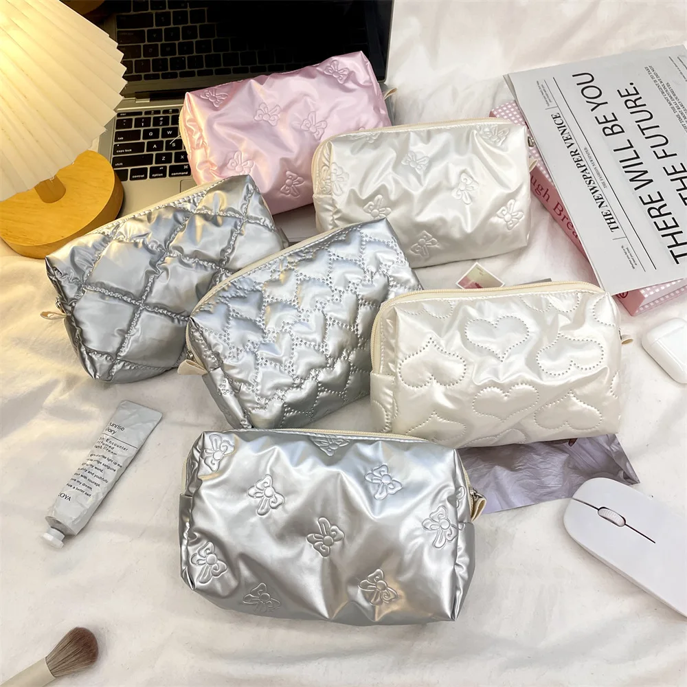 Silver Korean Quilted PU Love Bow Cosmetic Bag Skincare Products Pouch Inner Pocket Multi-function Makeup Lipstick Storage Bag H