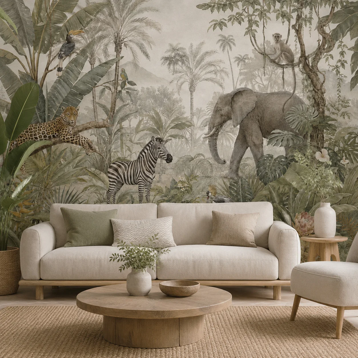 Tropical Jungle Animal Wall Mural Wallpaper Safari Giraffe Elephant Botanical Non Self Adhesive Living Room Bedroom Decor