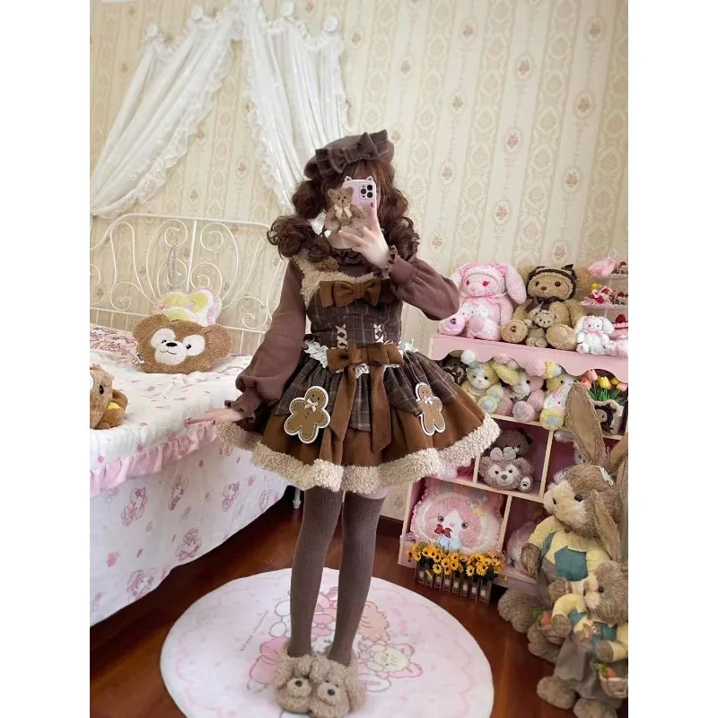 الشتاء اليابانية Kawaii لوليتا المرأة الدعاوى الحلو التخسيس 2 قطعة مجموعة اللون حجب فستان متقلب معطف الرأس ملابس امرأة