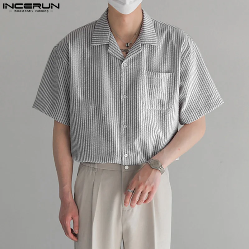 

INCERUN Tops 2024 Korean Style New Men Simple Striped Collar Shirts Casual Streetwear Summer Hot Sale Short Sleeved Blouse S-5XL