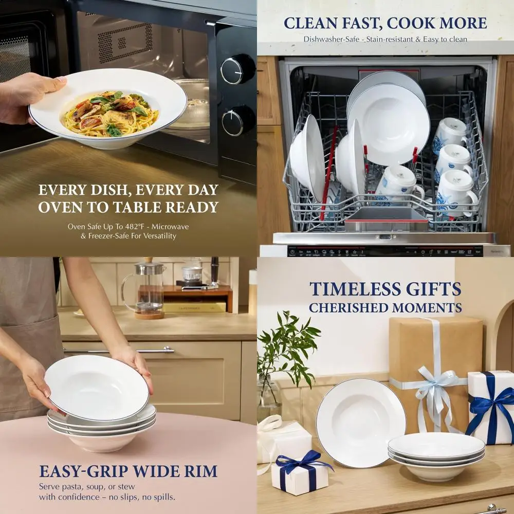 

12.5 Oz Porcelain Pasta Bowls Set of 4 - White Shallow Soup & Salad Bowls, 9 Blue Rimmed Dinner Bowls for Serving Soup, Salad, P